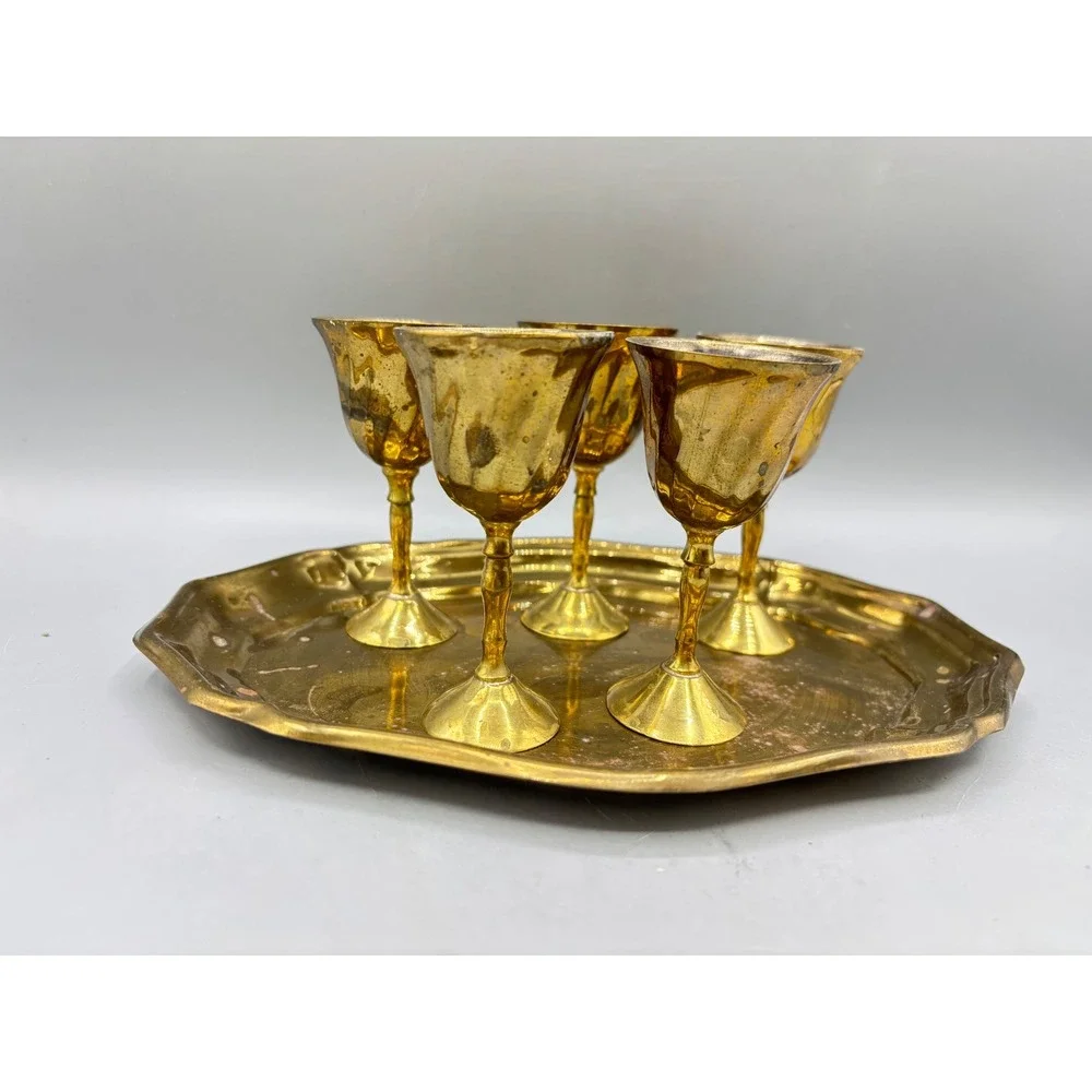 Vintage‎ Brass Liqueur Shot Glasses Set with Octagon Serving Tray Made in India